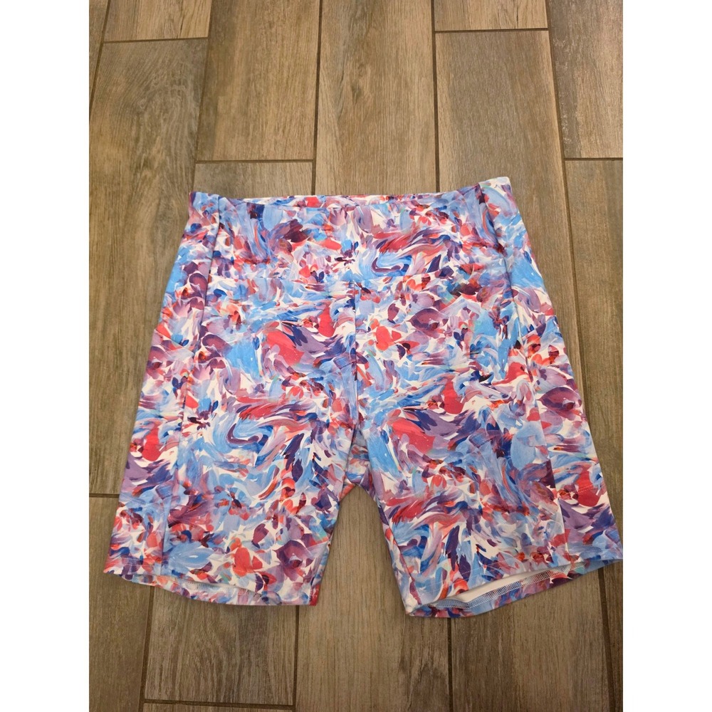 RBX Womens XL High Waisted Biker Shorts Abstract Floral Print Blue Red Pockets
